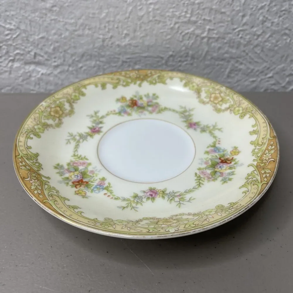 Noritake‎ China Japan BOLERO Green Tan Scrolls Floral Rim Tea Cup Saucer 5-5/8